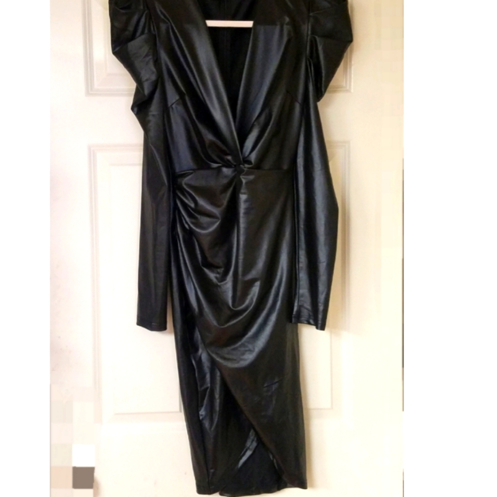 NWT VOILA Faux Leather Long Sleeve Rushed Front Wrap Mini Dress M